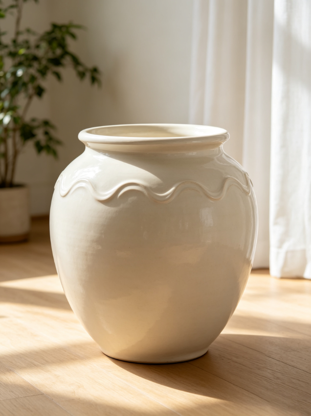 Glossy Wavy Trim Ceramic Jar Planter